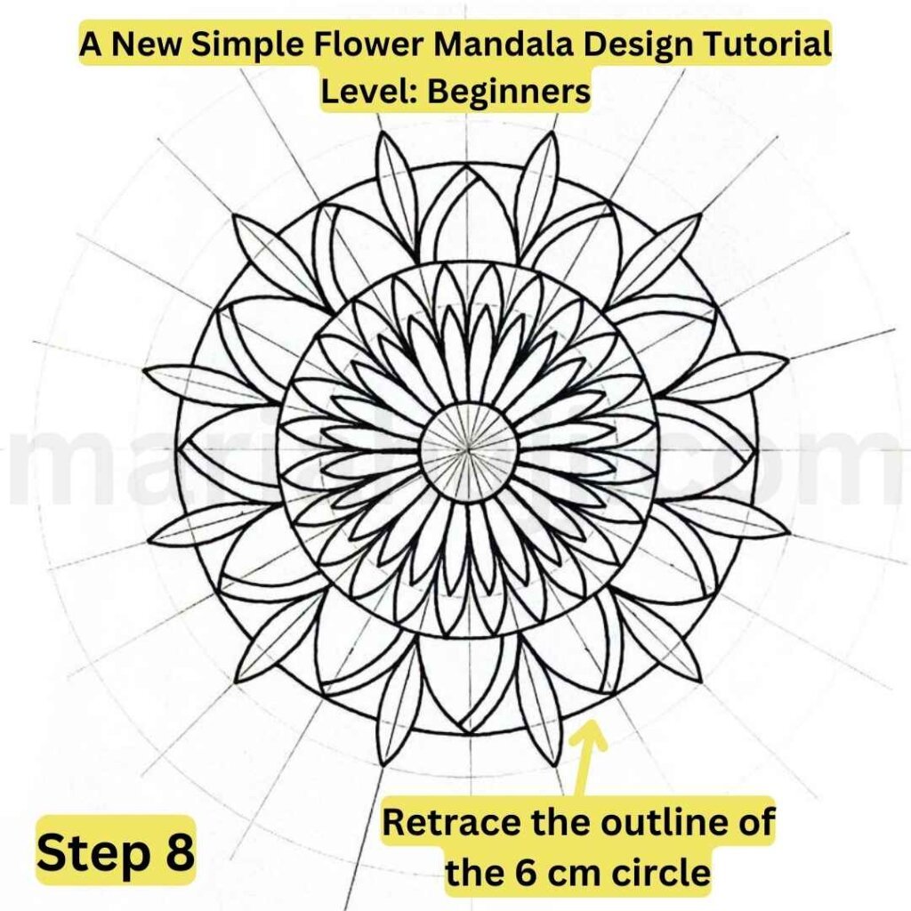 This is the image of a mandala grid with a text explaining how to draw a flower mandala design