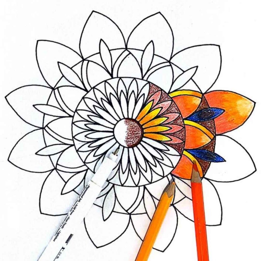 the image of a flower mandala design tutorial cover showing a mandala drawing half colored