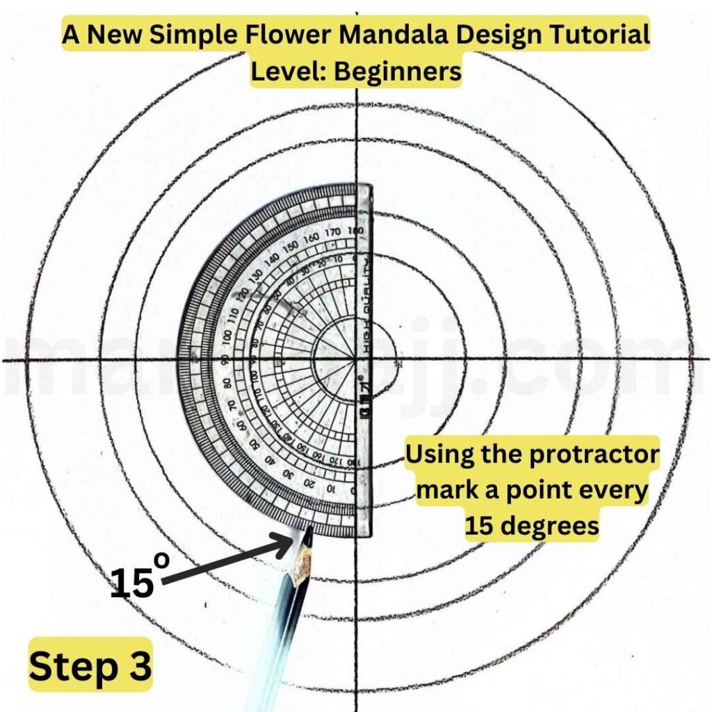 This is the image of a mandala grid, a protractor, and a pencil