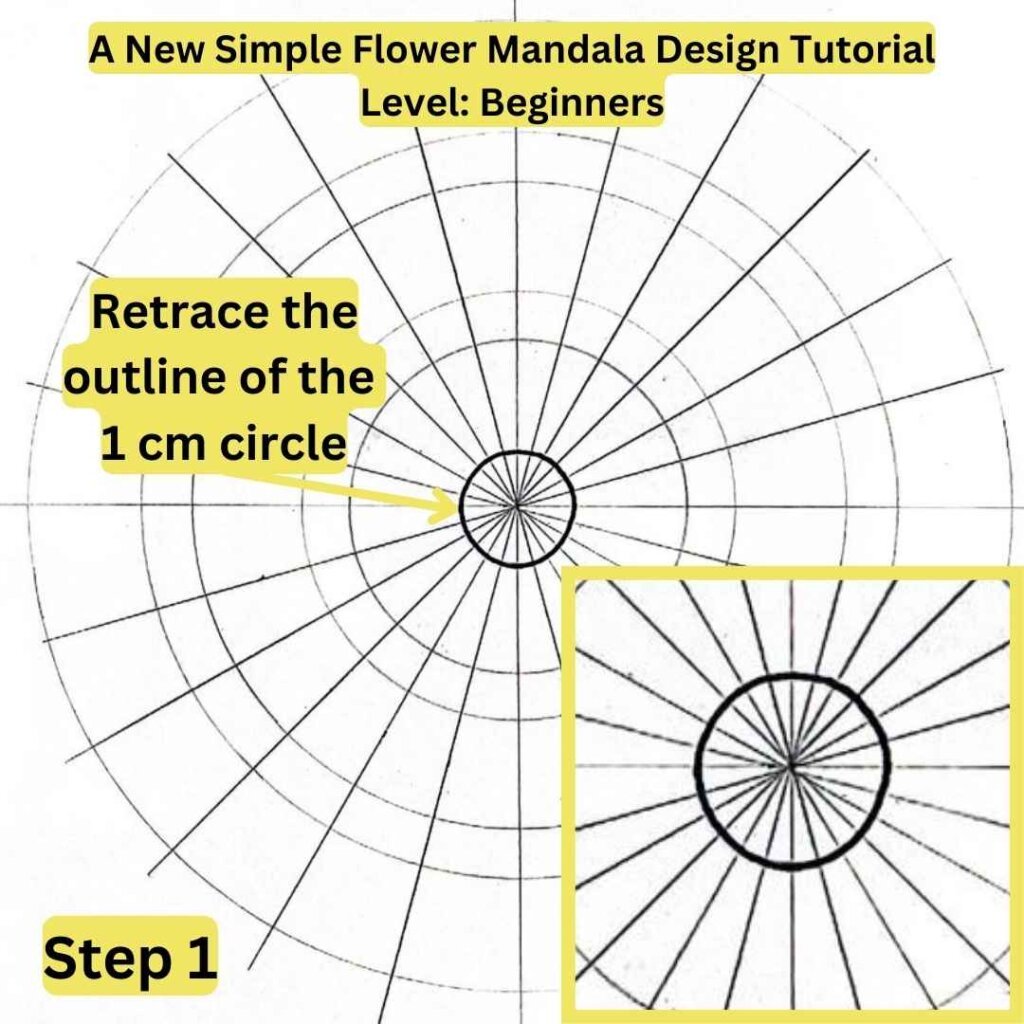 This is the image of a mandala grid with text explaining how to draw a mandala