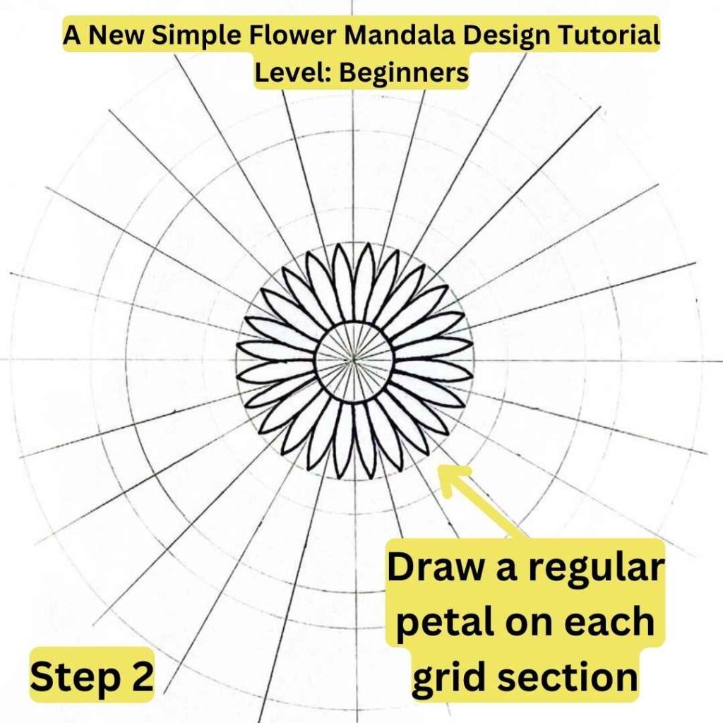 This is the image of a mandala grid with text explaining how to draw a mandala and a small flower mandala design in the center