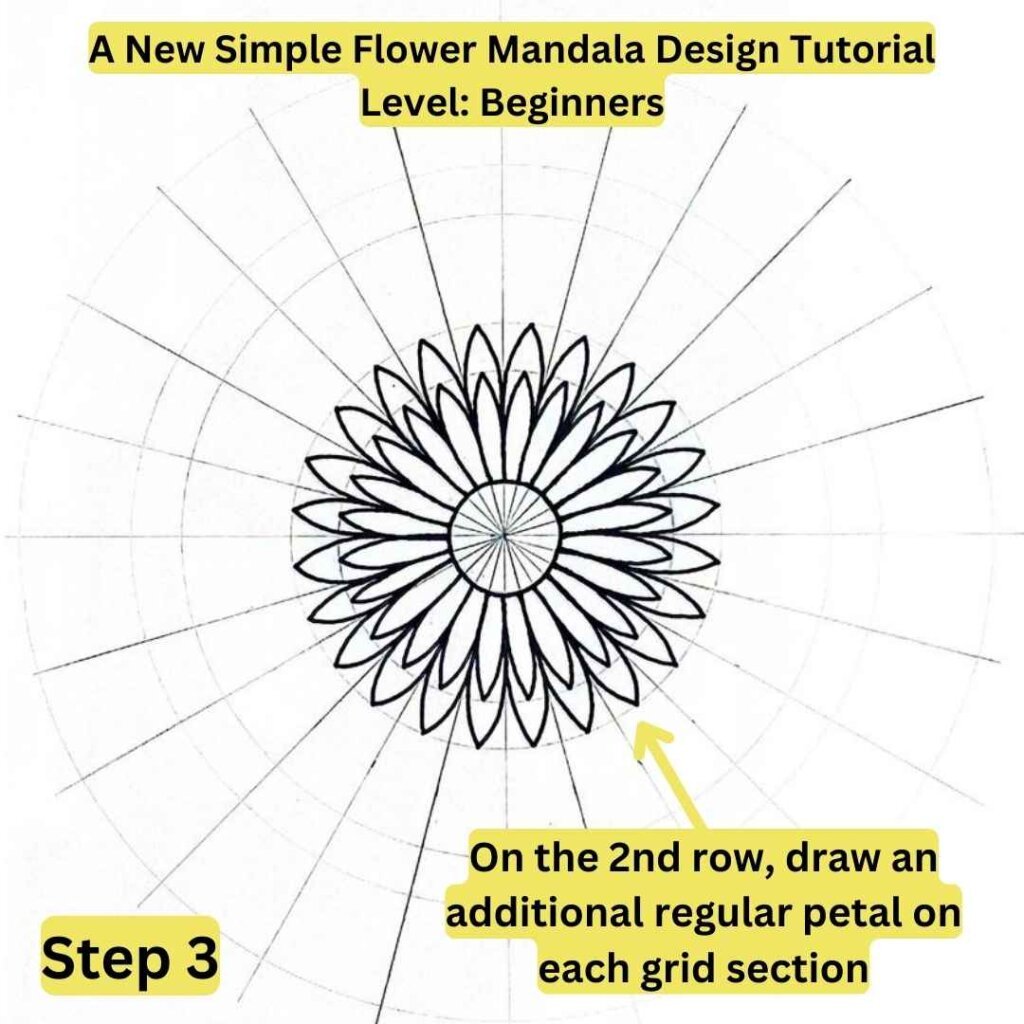 This is the image of a mandala grid with text explaining how to draw a mandala with a flower mandala design in the center