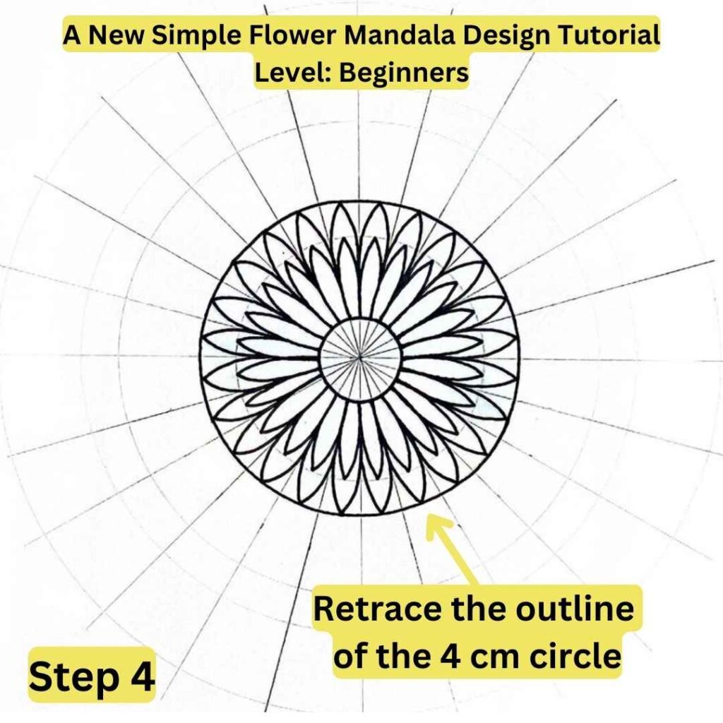 This is the image of a mandala grid with text explaining how to draw a mandala with a flower mandala design in the center