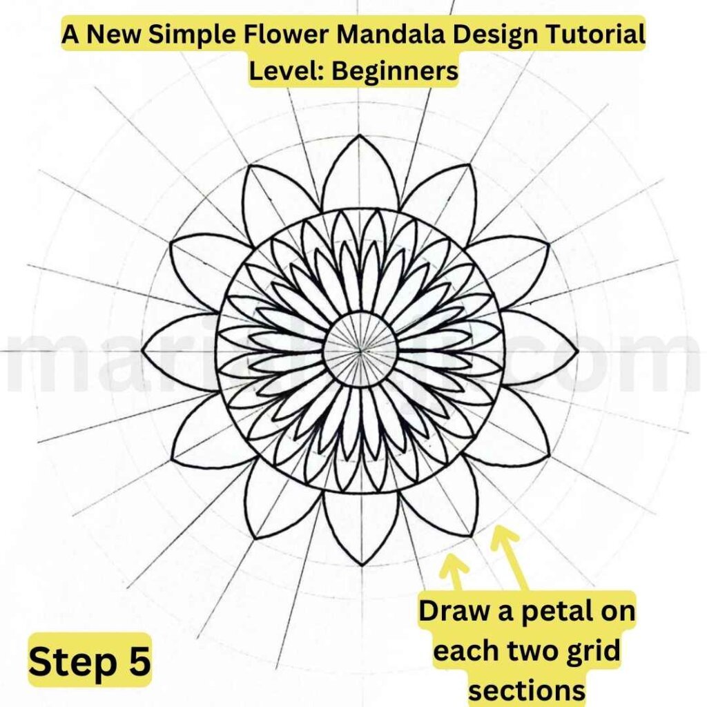 This is the image of a mandala grid with text explaining how to draw a flower mandala design