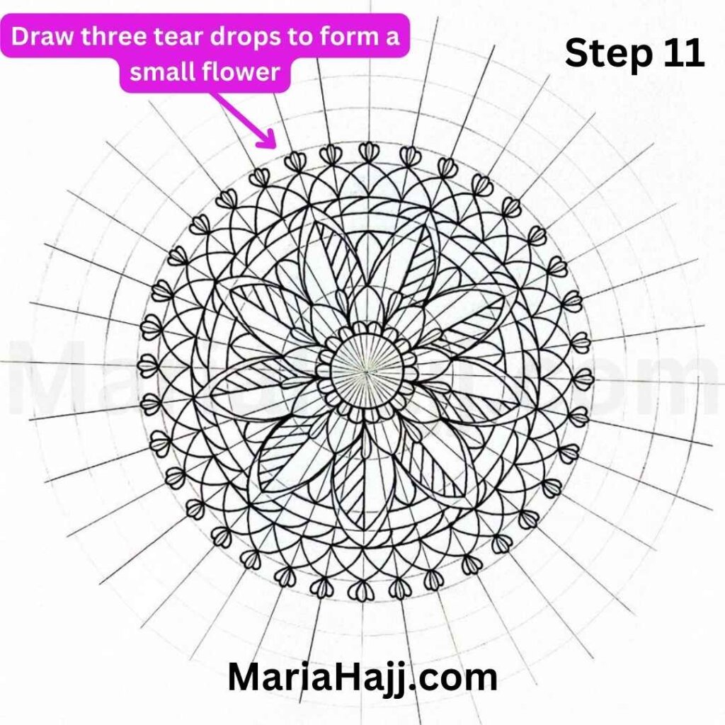 This is the image of a flower mandala traced on a mandala grid