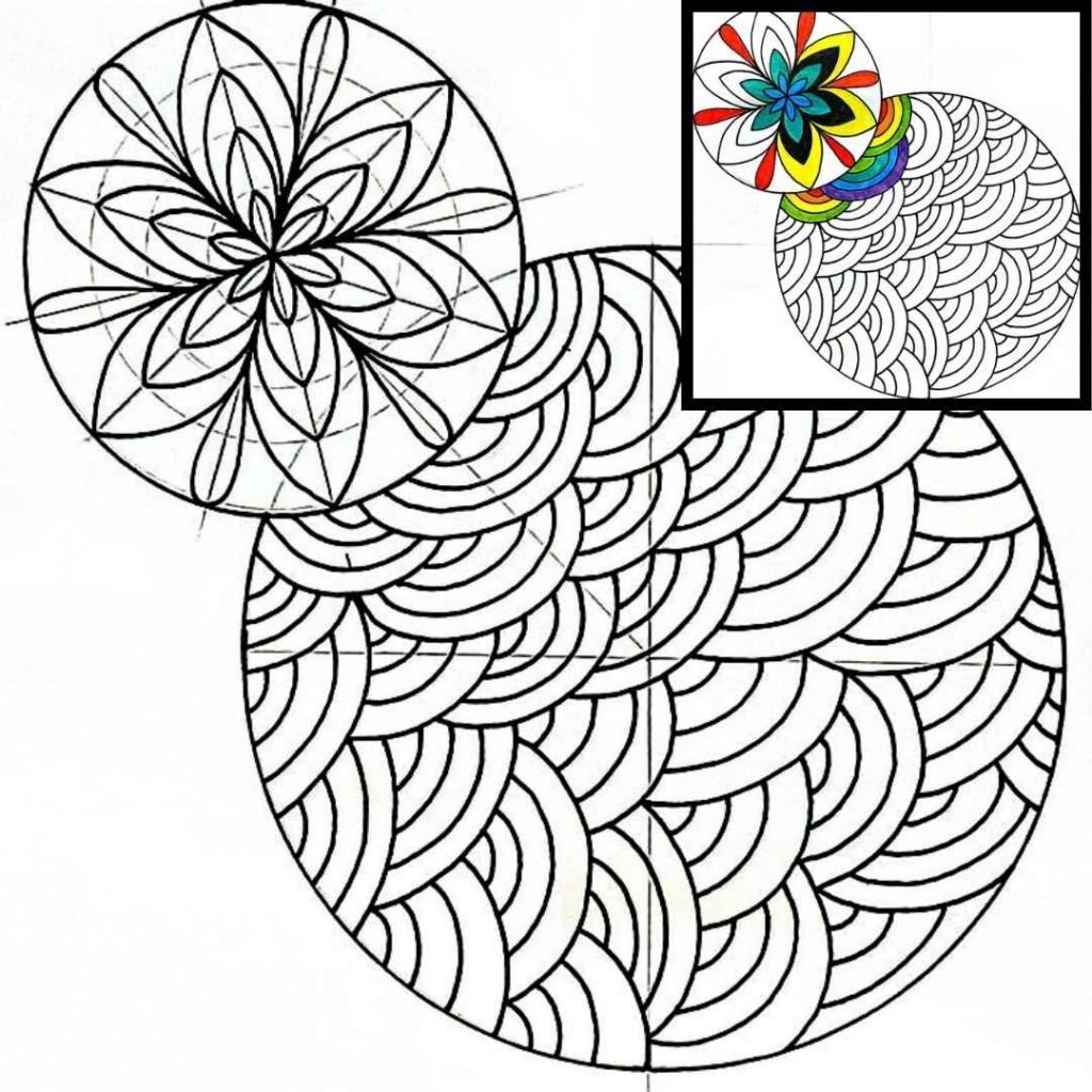 this is the image of mandala drawing representing a flower mandala and a zentangle