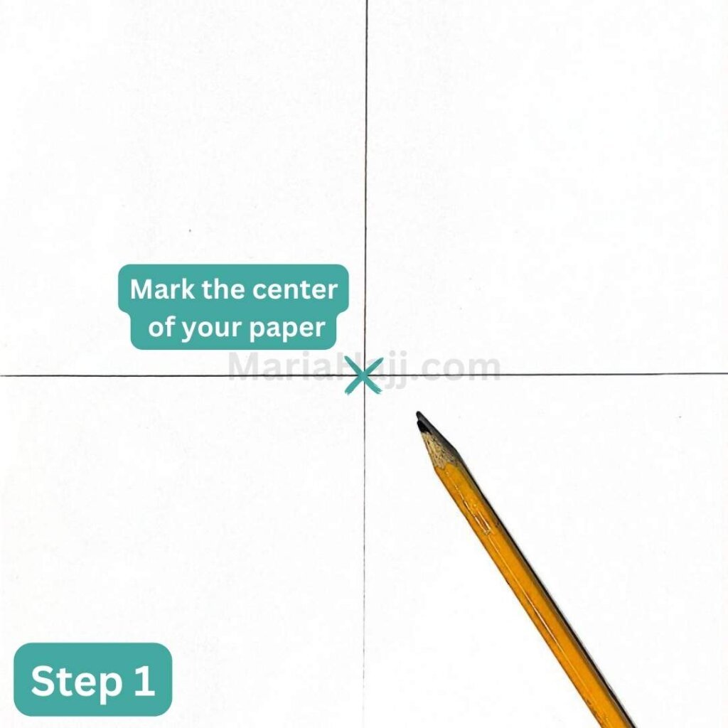 this image shows a paper cut in four with an x at the center and a pencil pointing at it