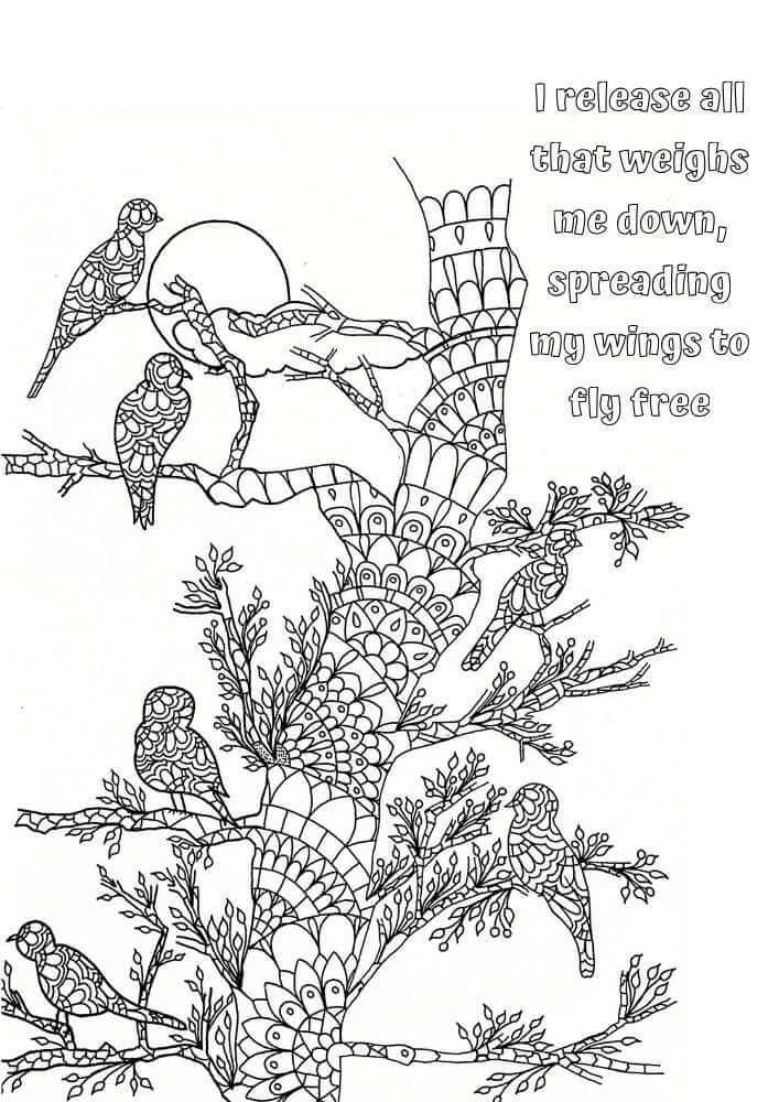 it is the drawing of a mandala tree with birds on it and a positive affirmation 