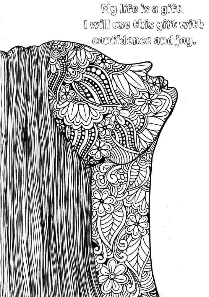 this is the drawing of a woman tilting her face to the back with long hair, and mandala doodling filling her face