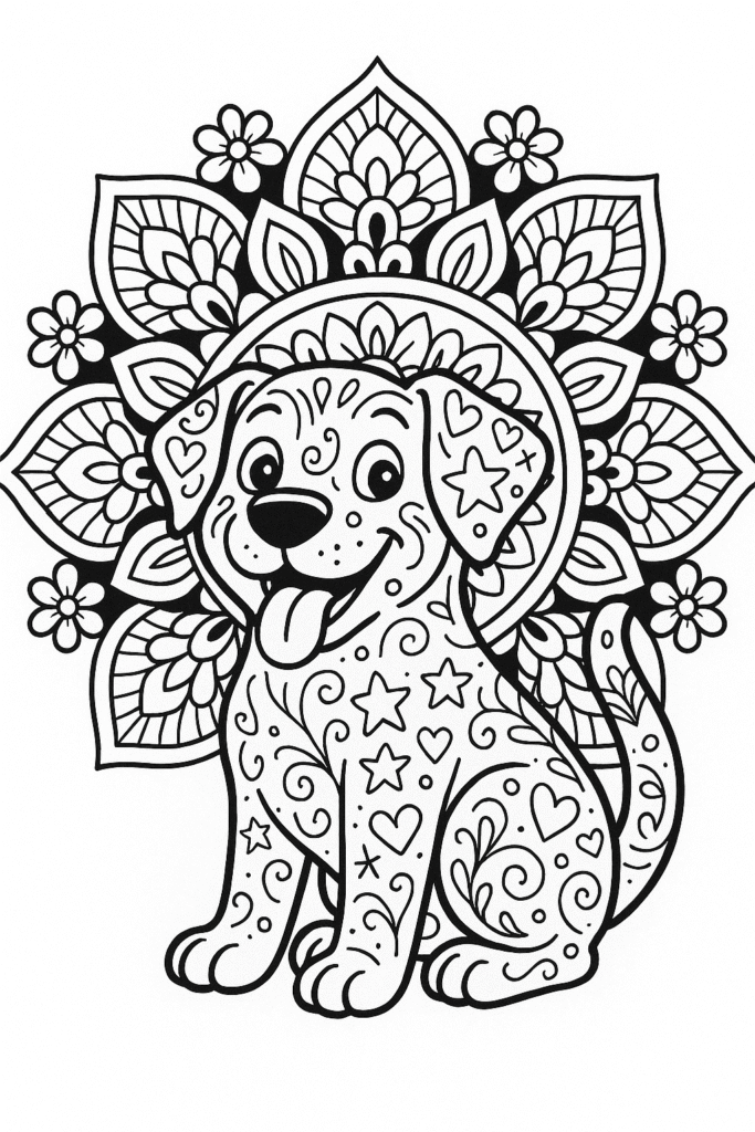 Black-and-white coloring page of a smiling cartoon-style dog with doodles on its body, sitting in front of a simple mandala made of floral and geometric patterns.