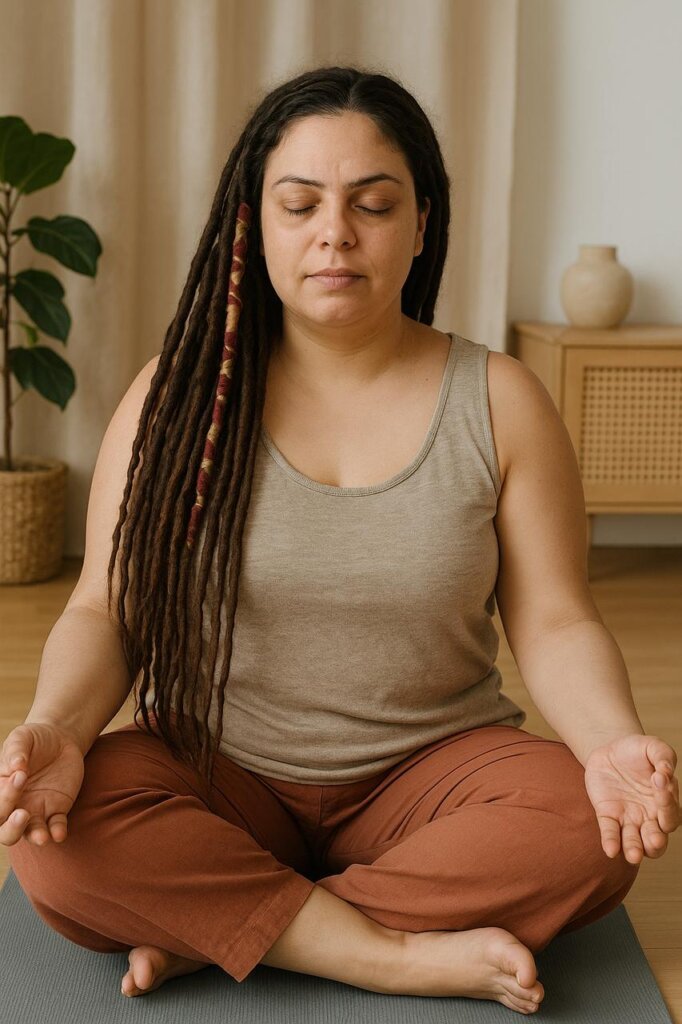 A woman with long dark dreadlocks and a calm expression sits cross-legged on a yoga mat, meditating in a peaceful room with soft natural light, practicing mindfulness to feel happier and more centered.