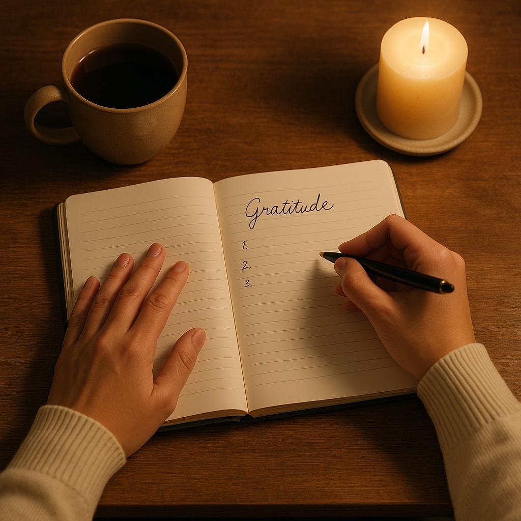 A cozy scene shows a person’s hands writing a gratitude list in a notebook by candlelight, with a warm cup of tea nearby, creating a peaceful and reflective atmosphere for ending the day feeling happier and more content.