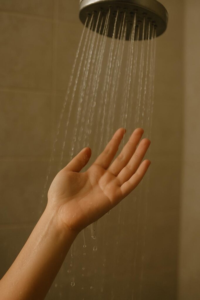 A close-up of a hand under a gentle stream of lukewarm water from a showerhead, capturing the soothing moment of self-care that helps the body and mind feel happier, calm, and refreshed.