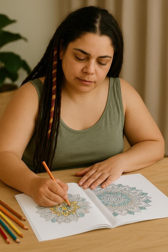 A woman with long dark dreadlocks sits at a wooden table, peacefully coloring a detailed mandala in a coloring book, surrounded by colored pencils, focusing on mindfulness and relaxation to feel happier and calmer.