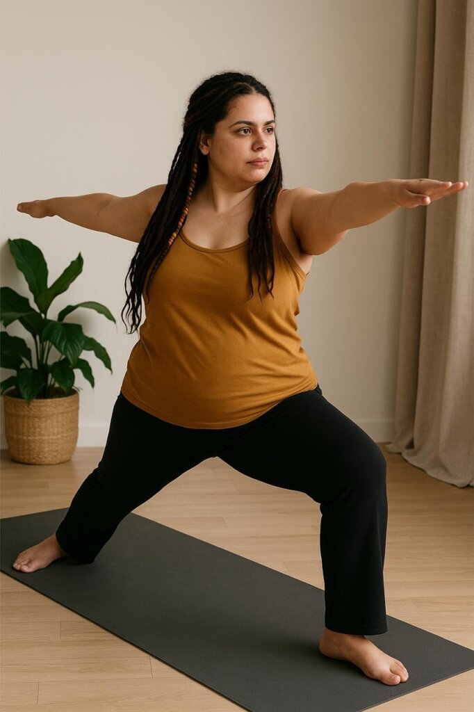 A woman with long dark dreadlocks holds the Warrior II yoga pose on a gray mat in a softly lit room, focusing on strength, balance, and mindfulness to feel happier and more empowered.