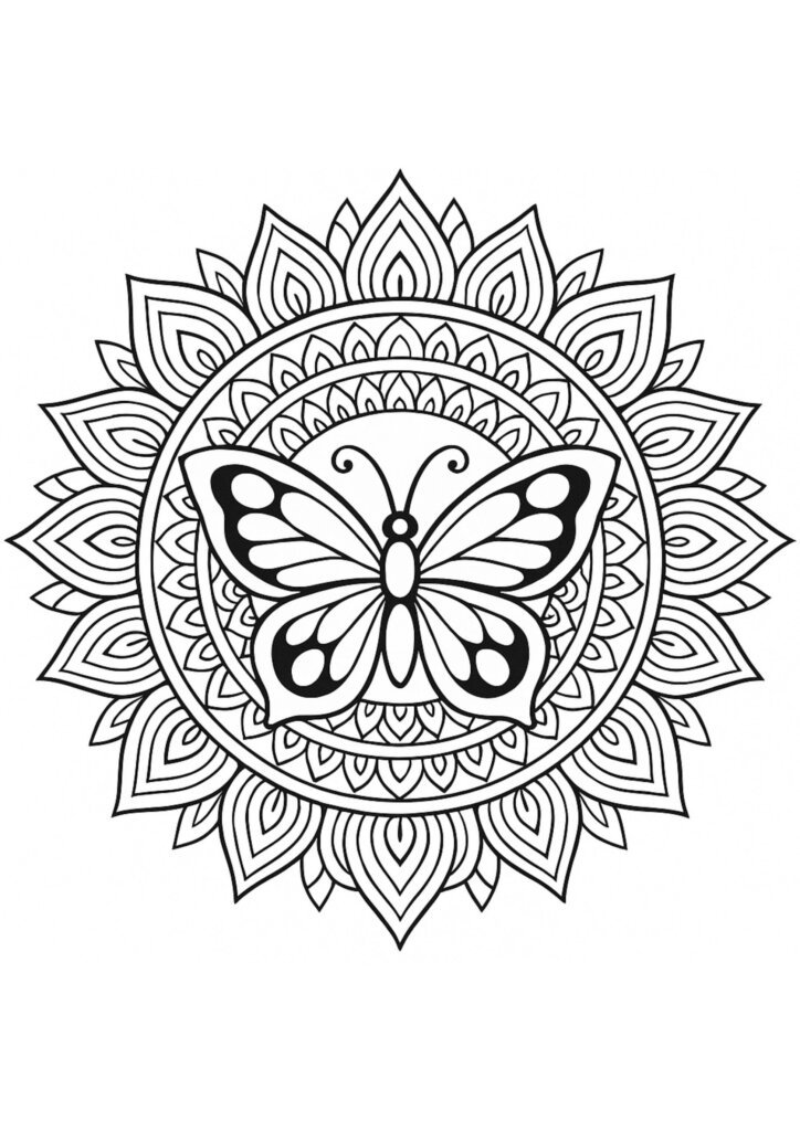 Butterfly mandala coloring page with floral and geometric patterns for relaxation