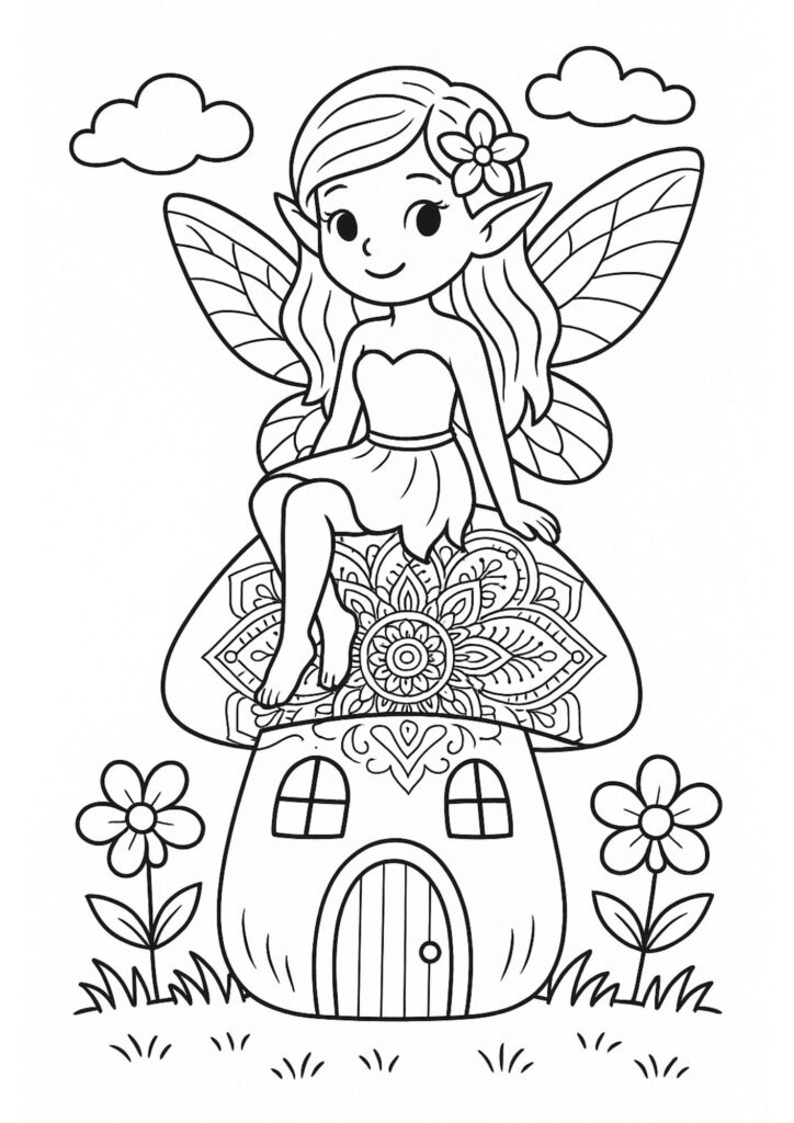 Cute fairy sitting on a mandala-decorated mushroom house coloring page for kids