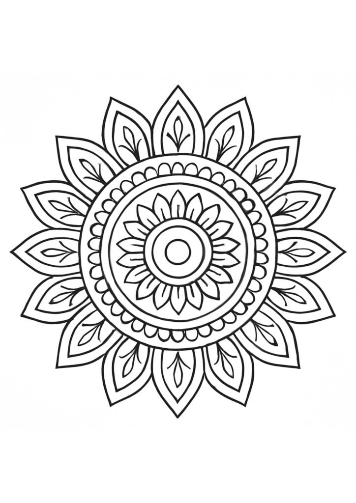 Simple mandala coloring page with floral and geometric patterns for relaxation