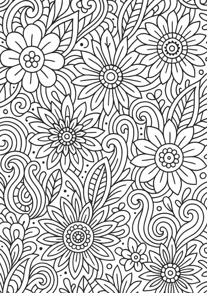 Floral doodle coloring page with intricate flower and leaf patterns for relaxation
