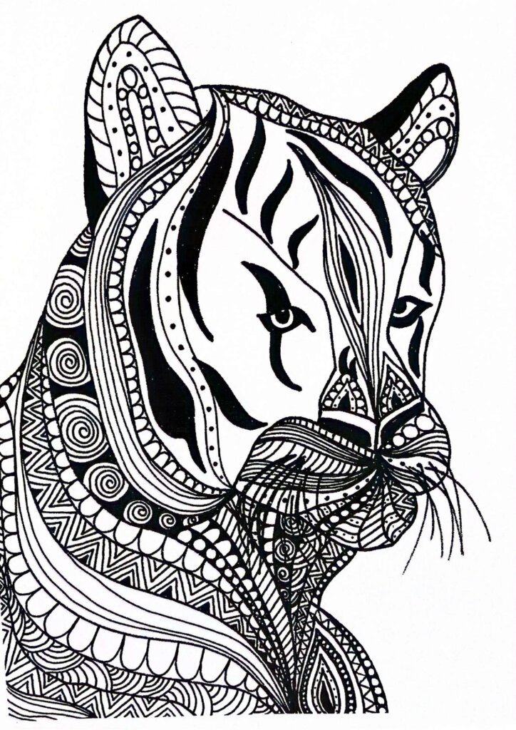 Intricate tiger coloring page with detailed mandala and zentangle patterns