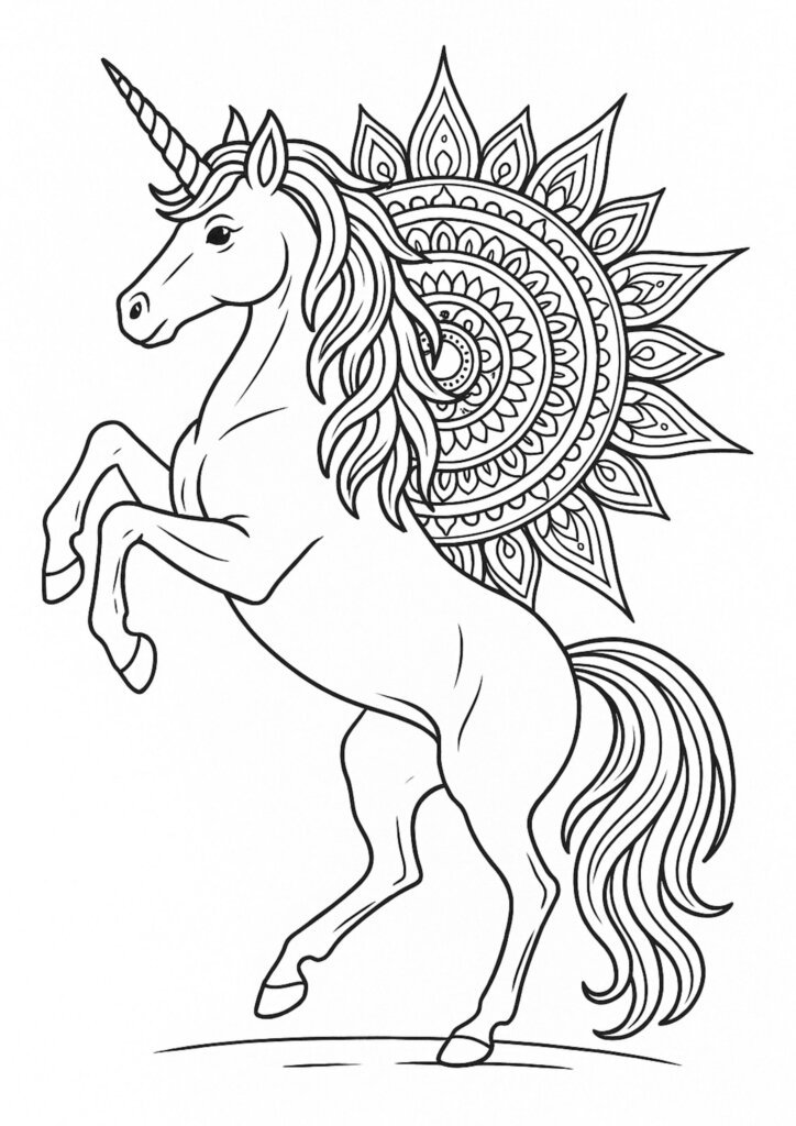 Unicorn coloring page with intricate mandala pattern for kids and adults