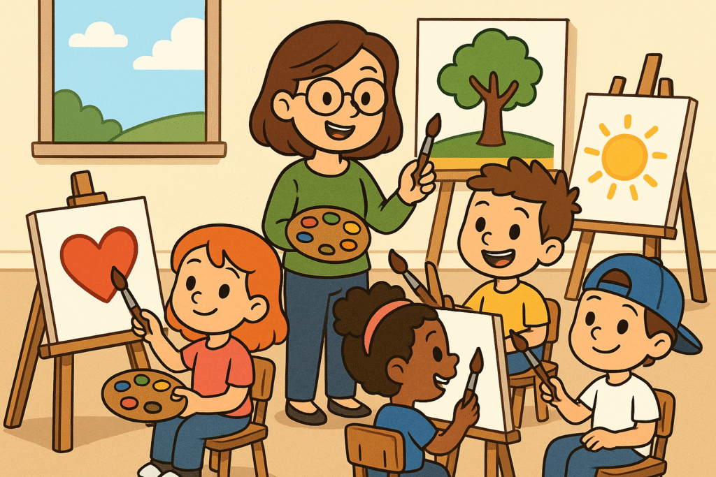 Cartoon-style illustration of a cheerful art class with a teacher and four young children painting on easels in a bright classroom