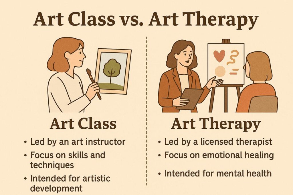 An infographic comparing art class and art therapy. On the left, a woman paints a tree labeled “Art Class” with points: led by an art instructor, focus on skills, intended for artistic development. On the right, a therapist guides a seated client in front of symbolic art, labeled “Art Therapy” with points: led by a licensed therapist, focus on emotional healing, intended for mental health.