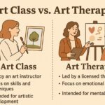 An infographic comparing art class and art therapy. On the left, a woman paints a tree labeled “Art Class” with points: led by an art instructor, focus on skills, intended for artistic development. On the right, a therapist guides a seated client in front of symbolic art, labeled “Art Therapy” with points: led by a licensed therapist, focus on emotional healing, intended for mental health.
