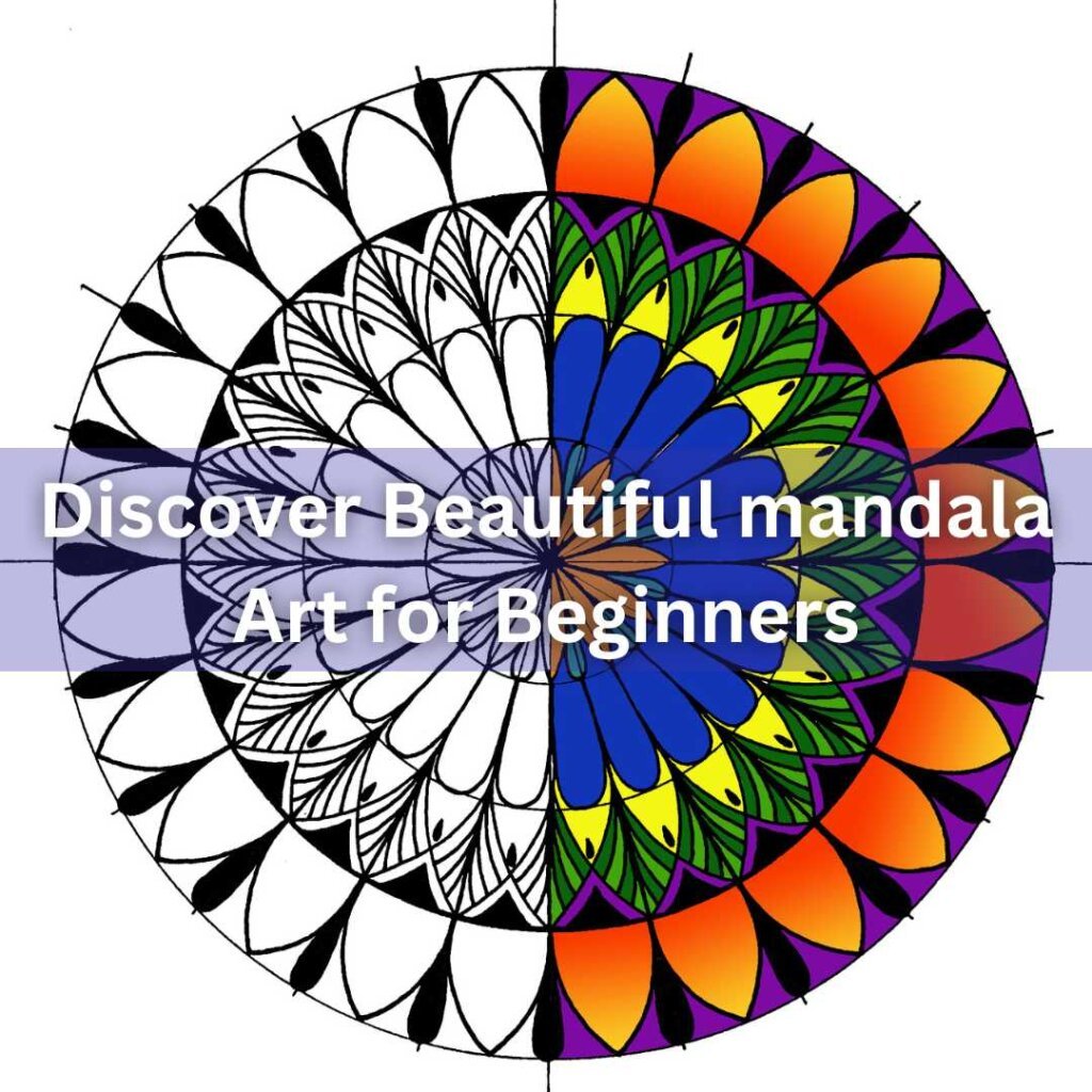 Partially colored mandala with intricate black outlines and vibrant sections in orange, blue, yellow, green, pink, and purple with a title "discover beautiful mandala art for beginners"