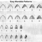 Step-by-step guide showing four different easy mandala patterns drawn on a grid, with numbered stages for each design.
