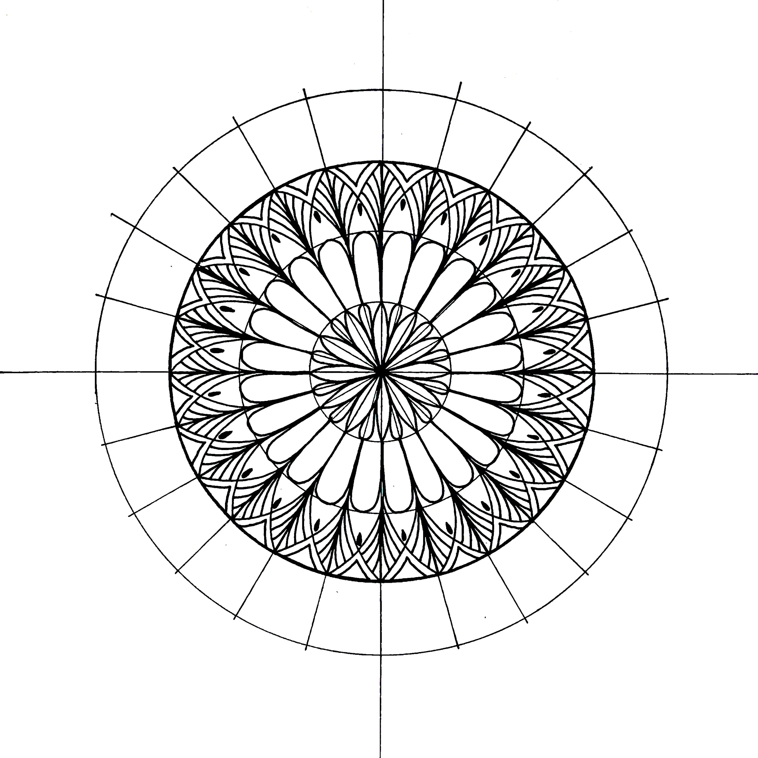 Black and white mandala drawing featuring floral and feather-like details arranged symmetrically on a circular grid.