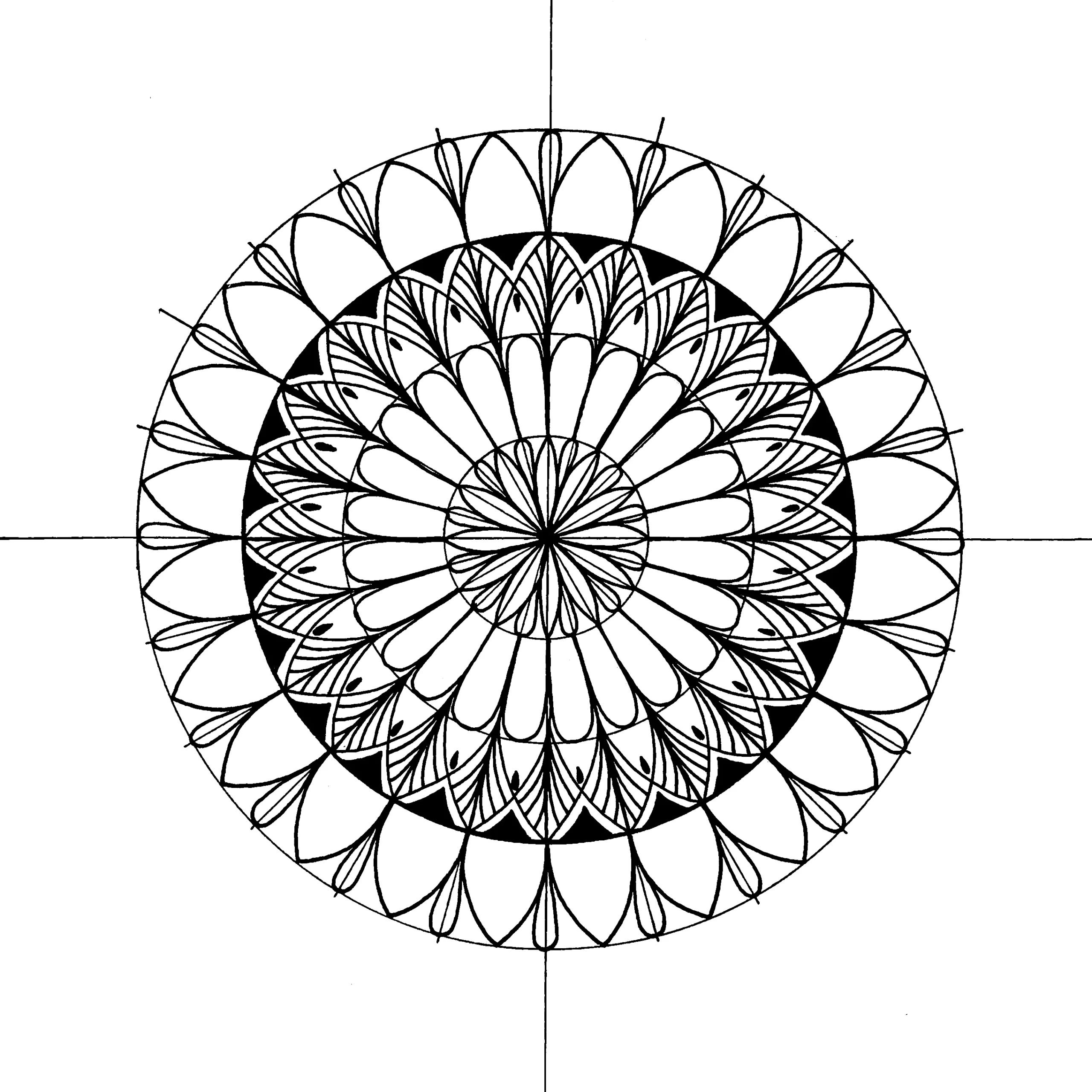 Intricate black and white mandala with floral and feathered motifs, framed by alternating dark and light petals on a circular grid.