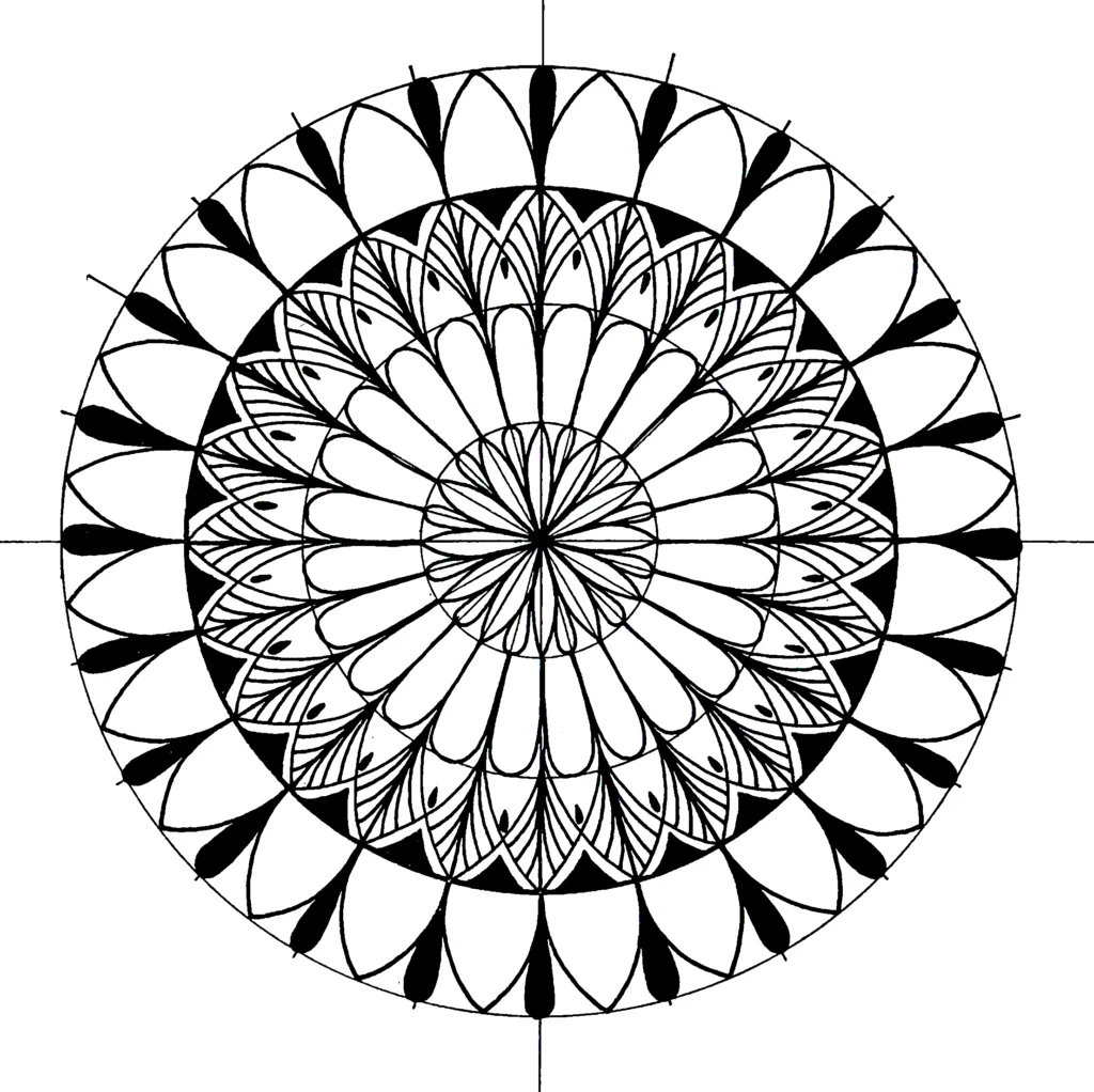Mandala drawing with layered floral and feather motifs, featuring a final outer ring of large teardrop shapes filled in black.