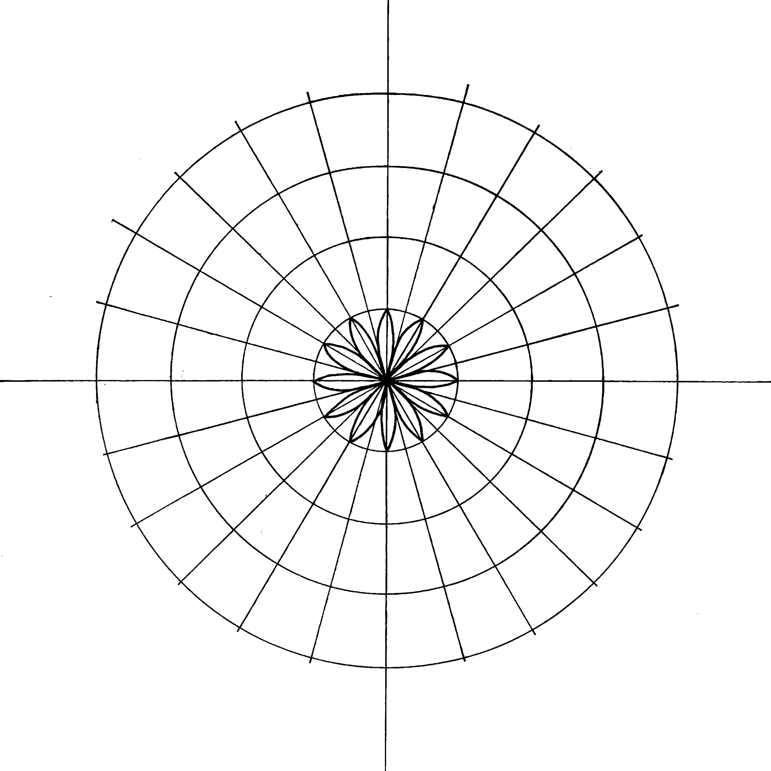 Mandala grid template with concentric circles and radial lines forming symmetrical segments, centered on a white background.