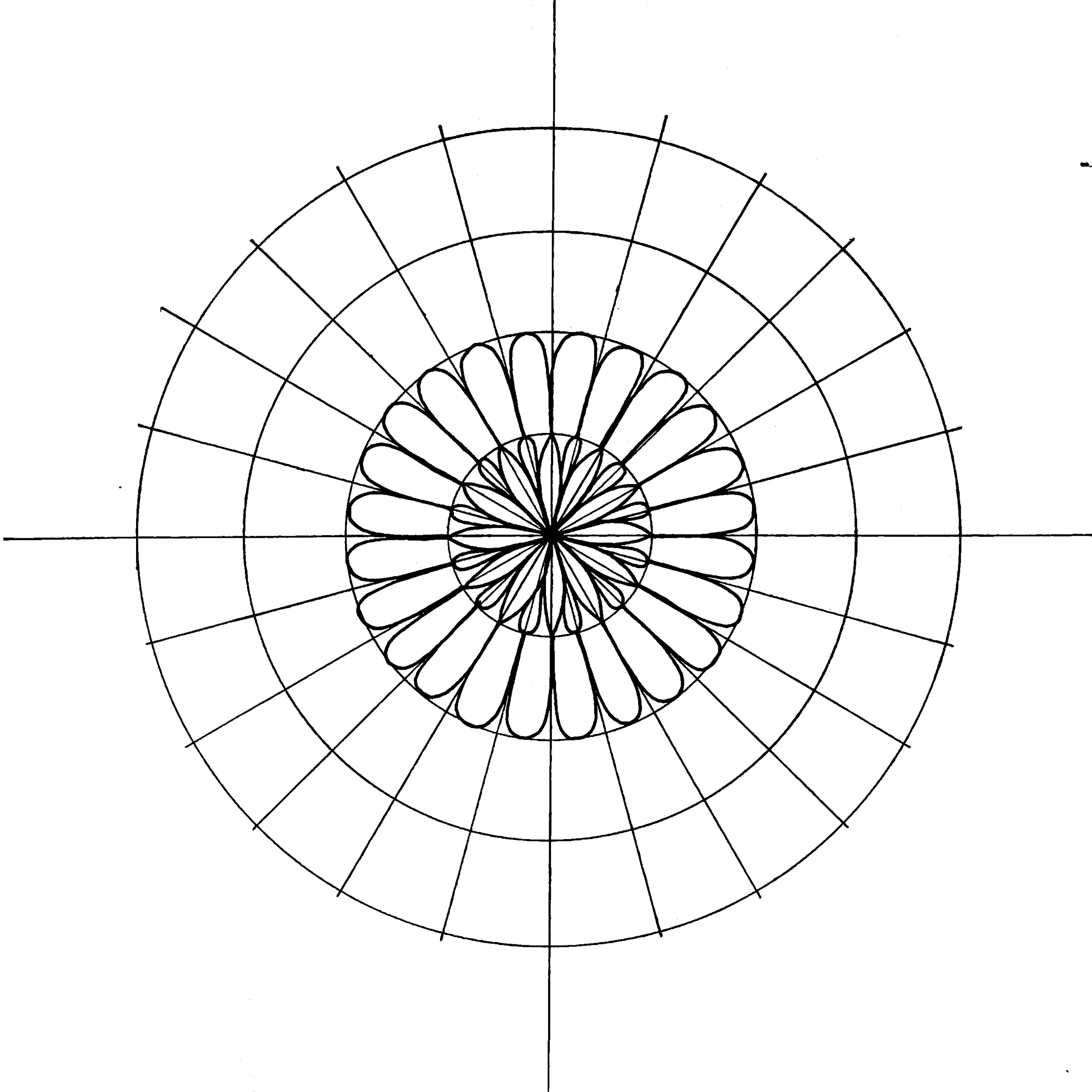 Mandala grid with two layers of petal patterns inside concentric rings and radial divisions, drawn on a white background.