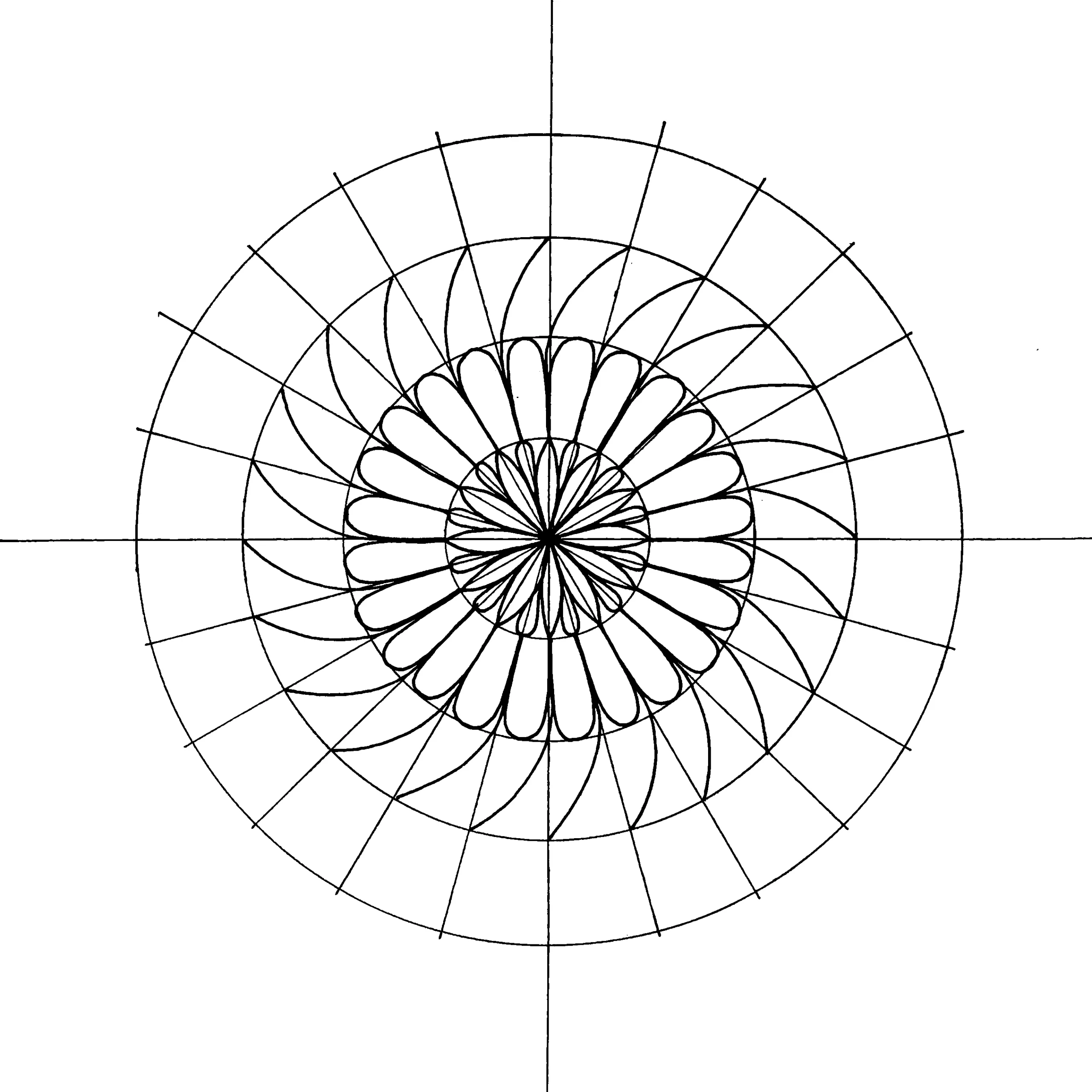 Mandala drawing with three layers of petal shapes on a circular grid, including radial and concentric guidelines on a white background.