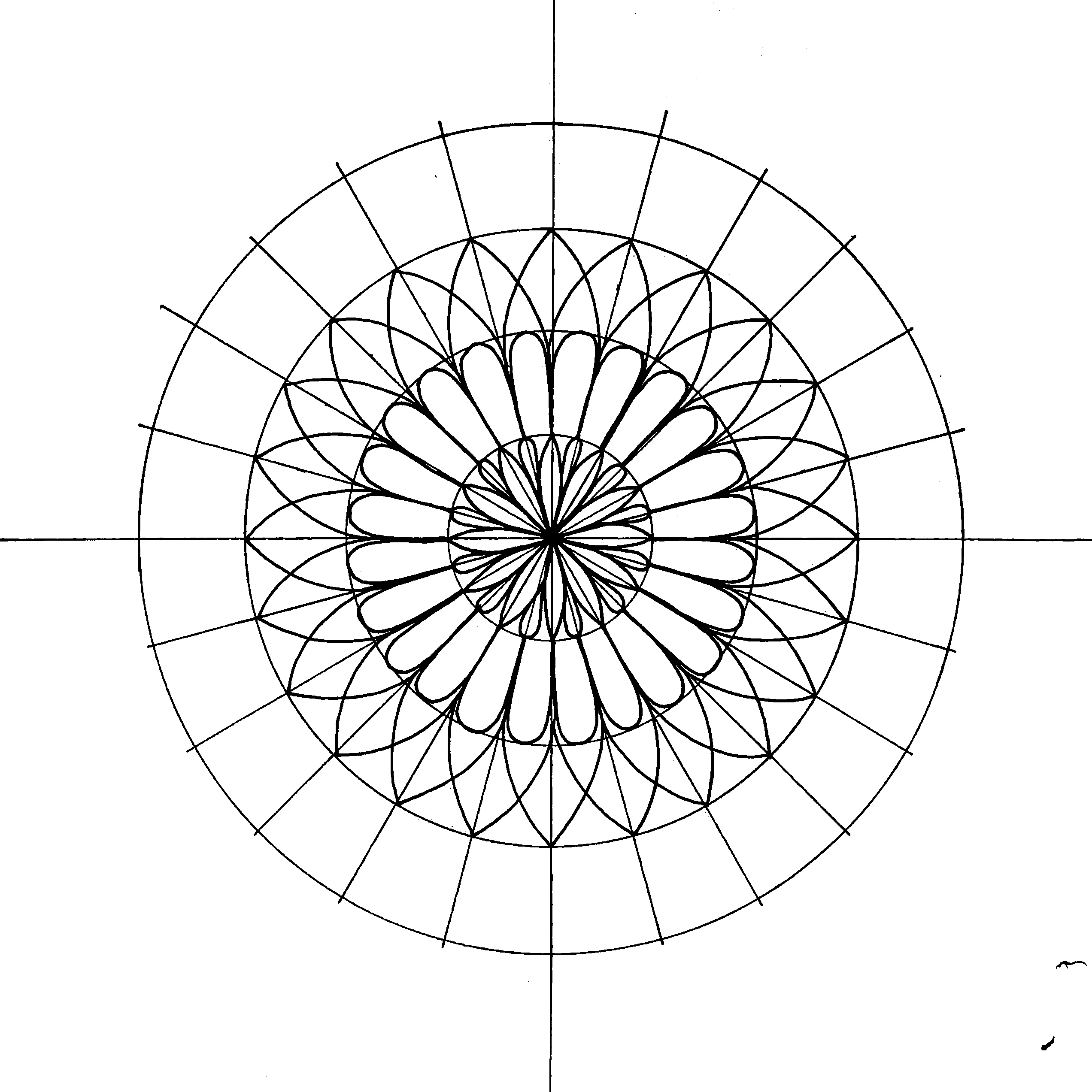 Symmetrical mandala drawing with four layers of petal patterns on a circular grid with radial and concentric lines.