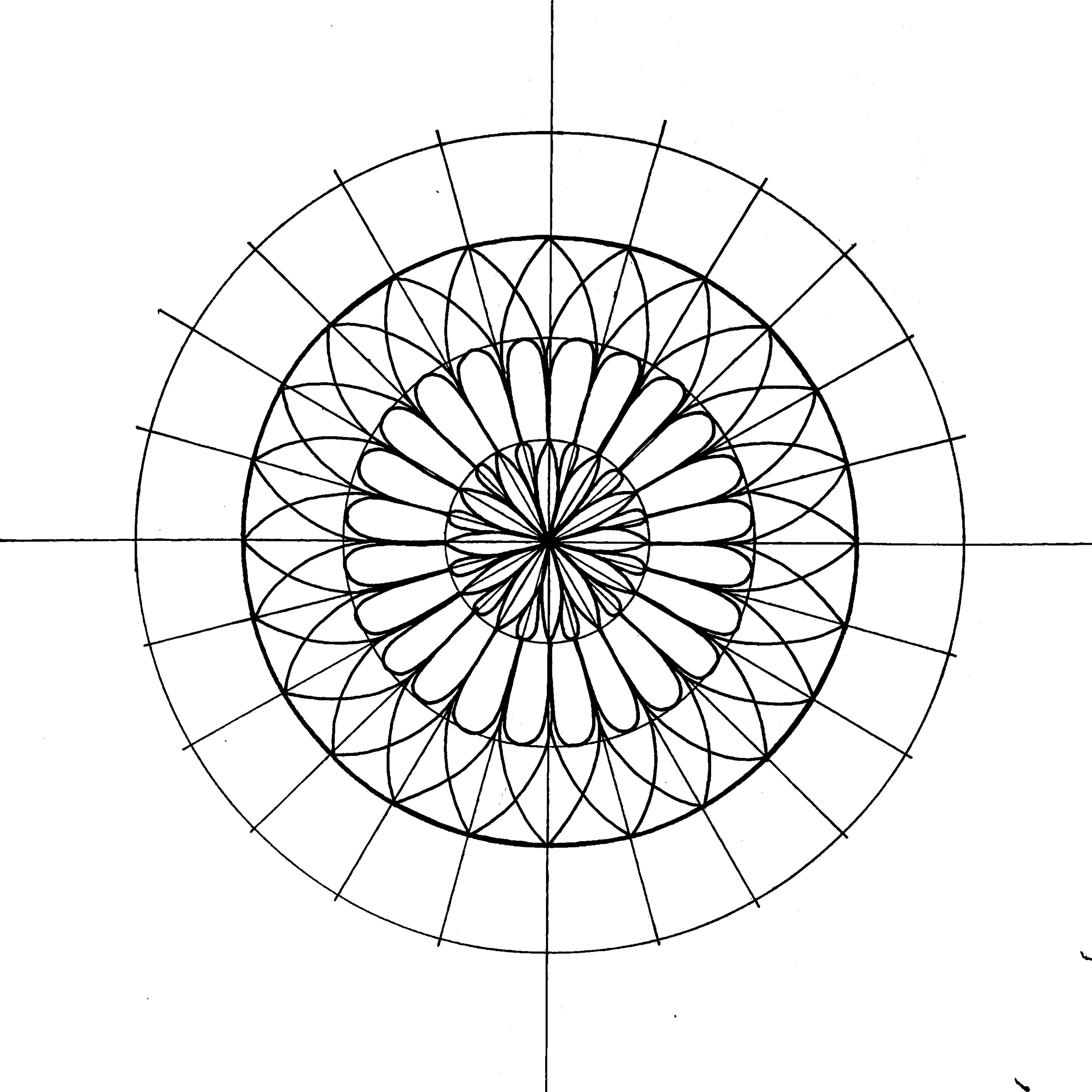 Intricate mandala drawing with four layers of symmetrical petal designs, created on a circular grid with radial and concentric guidelines.