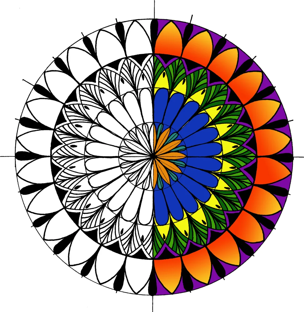A partially colored beautiful mandala art for beginners with symmetrical patterns, featuring black ink outlines and sections filled with orange, blue, green, yellow, pink, and purple. The mandala is centered on a white background with faint vertical and horizontal guide lines.