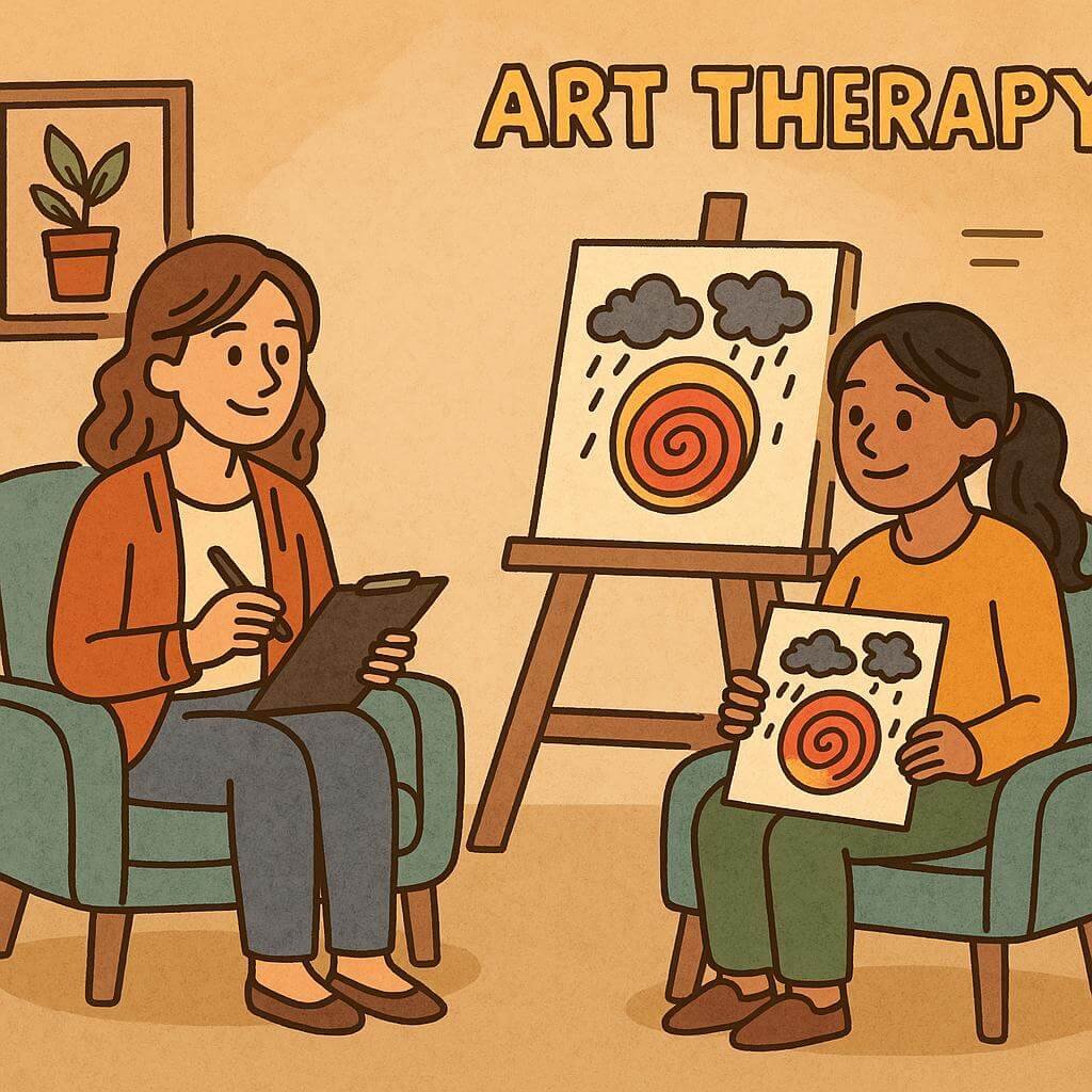 Cartoon-style image showing an art therapist and a young woman in a cozy therapy room. The therapist sits with a clipboard while the client holds a drawing of a red spiral with storm clouds above, also displayed on an easel labeled “Art Therapy.”