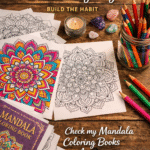 Mandala coloring pages with colored pencils and a candle on a wooden table, promoting free coloring pages and mandala coloring books for stress relief