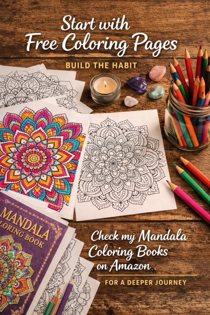 Mandala coloring pages with colored pencils and a candle on a wooden table, promoting free coloring pages and mandala coloring books for stress relief
