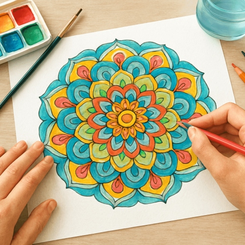Watercolor Mandala Coloring in Progress